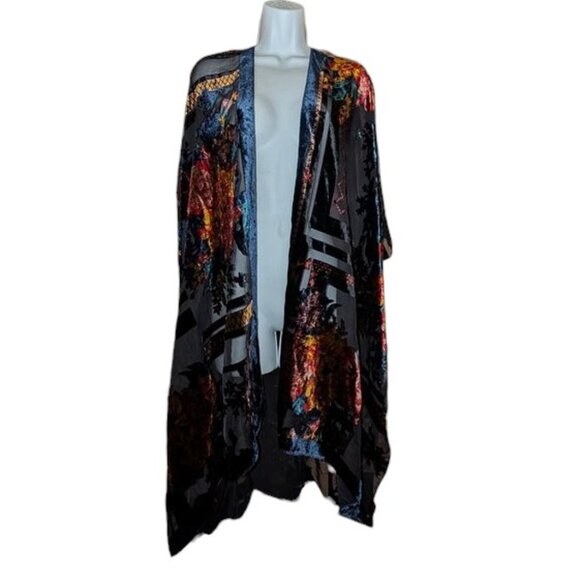 Ky Soreco Boho Velvet Burnout Floral Flyaway Kimono Poncho Sheer Shawl Ruana - Picture 3 of 5